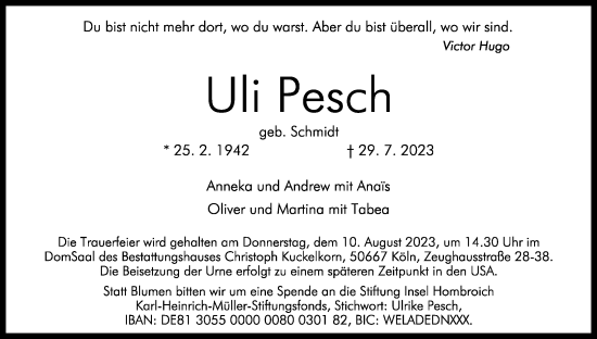 Anzeige von Uli Pesch von Kölner Stadt-Anzeiger / Kölnische Rundschau / Express