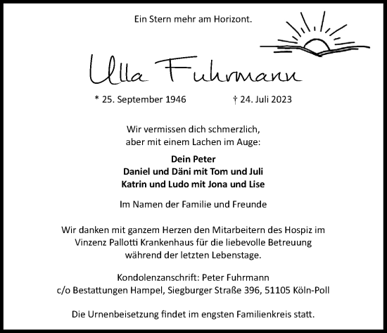 Anzeige von Ulla Fuhrmann von Kölner Stadt-Anzeiger / Kölnische Rundschau / Express