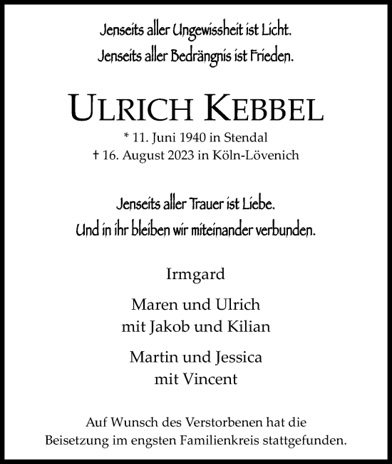Anzeige von Ulrich Kebbel von Kölner Stadt-Anzeiger / Kölnische Rundschau / Express