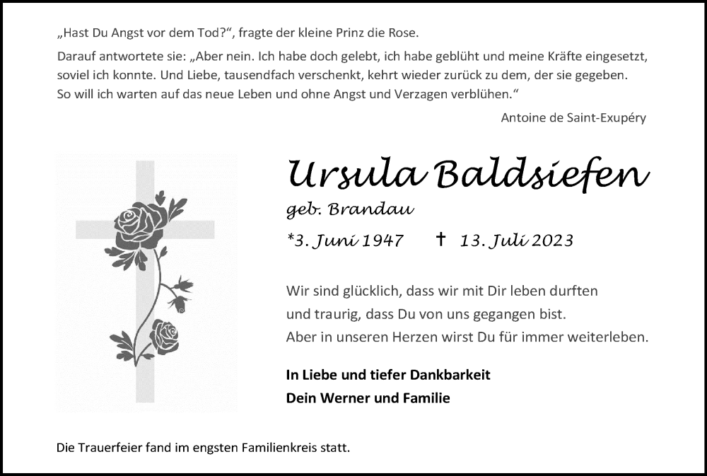 Traueranzeige für Ursula Baldsiefen vom 12.08.2023 aus Kölner Stadt-Anzeiger / Kölnische Rundschau / Express