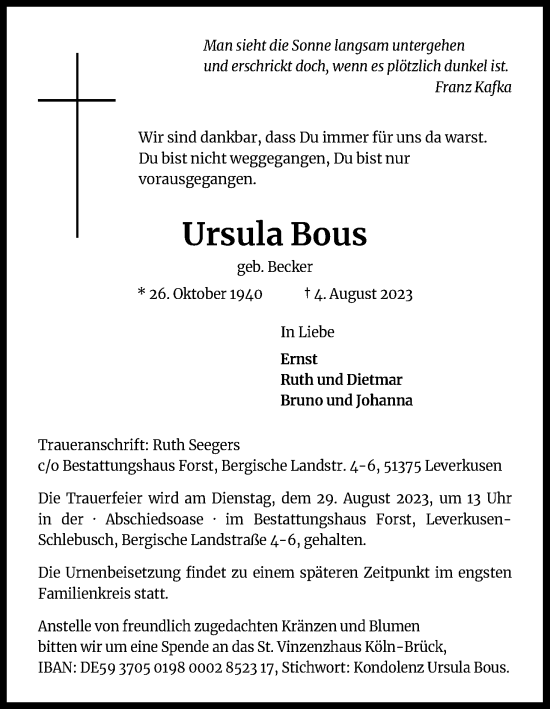 Anzeige von Ursula Bous von Kölner Stadt-Anzeiger / Kölnische Rundschau / Express