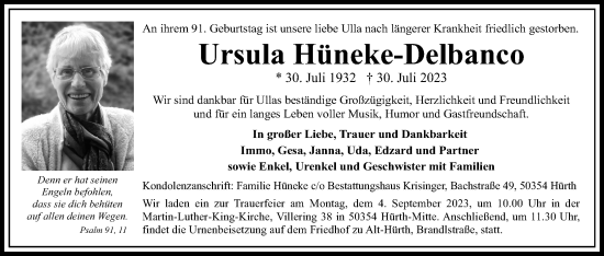 Anzeige von Ursula Hüneke-Delbanco von Kölner Stadt-Anzeiger / Kölnische Rundschau / Express
