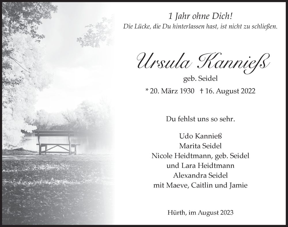  Traueranzeige für Ursula Kannieß vom 11.08.2023 aus  Wochenende 