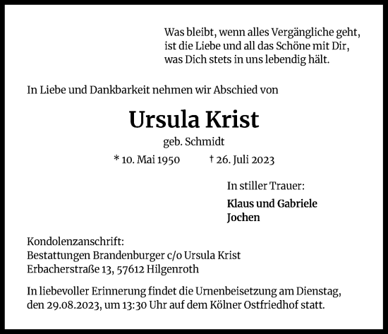 Anzeige von Ursula Krist von Kölner Stadt-Anzeiger / Kölnische Rundschau / Express