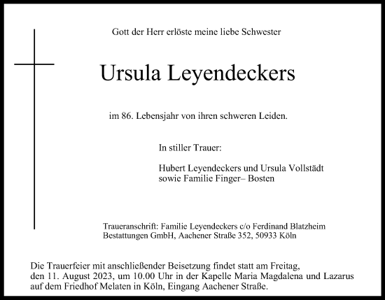 Anzeige von Ursula Leyendeckers von Kölner Stadt-Anzeiger / Kölnische Rundschau / Express