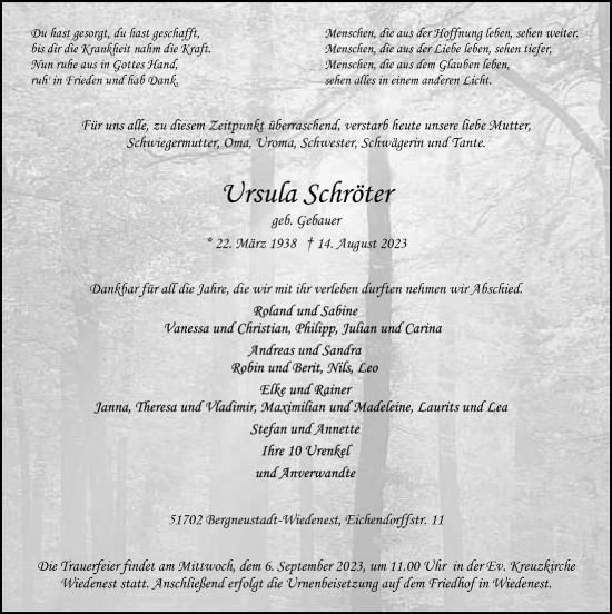 Anzeige von Ursula Schröter von  Anzeigen Echo 