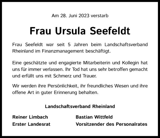 Anzeige von Ursula Seefeldt von Kölner Stadt-Anzeiger / Kölnische Rundschau / Express