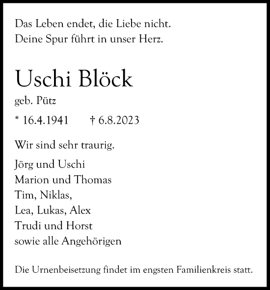 Anzeige von Uschi Blöck von Kölner Stadt-Anzeiger / Kölnische Rundschau / Express