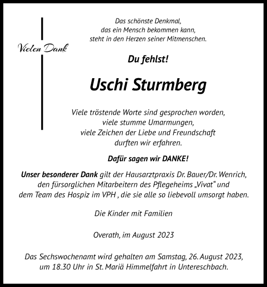 Anzeige von Uschi Sturmberg von Kölner Stadt-Anzeiger / Kölnische Rundschau / Express