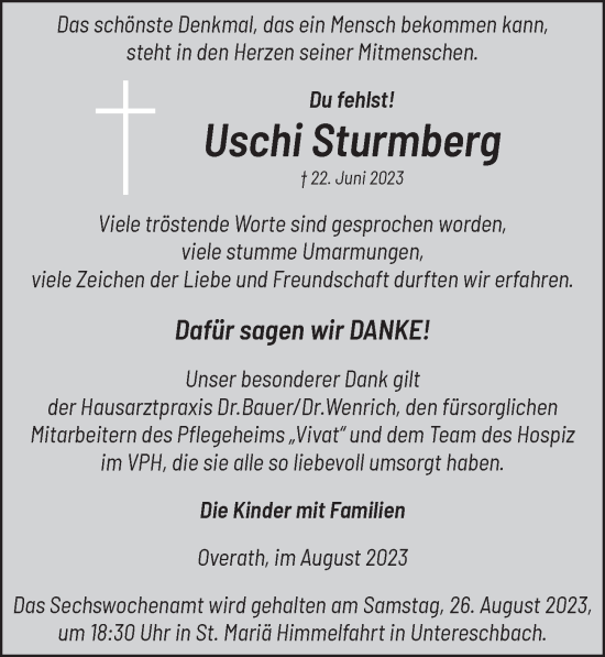 Anzeige von Uschi Sturmberg von  Bergisches Handelsblatt 