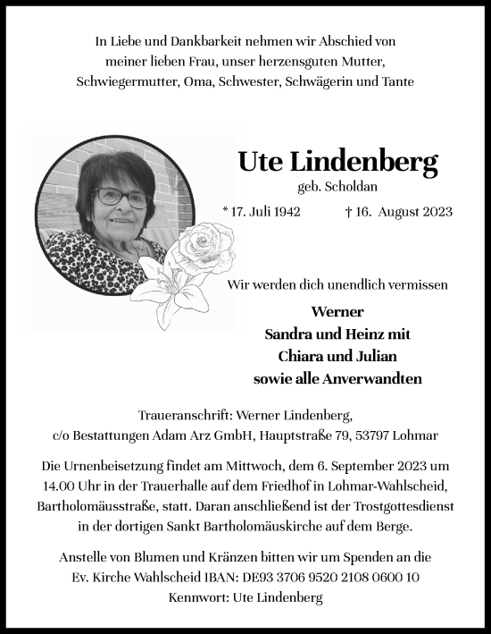 Anzeige von Ute Lindenberg von Kölner Stadt-Anzeiger / Kölnische Rundschau / Express