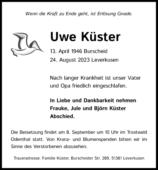 Anzeige von Uwe Küster von Kölner Stadt-Anzeiger / Kölnische Rundschau / Express