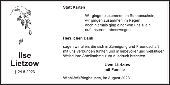 Anzeige von Uwe Lietzow von  Anzeigen Echo  Lokalanzeiger 