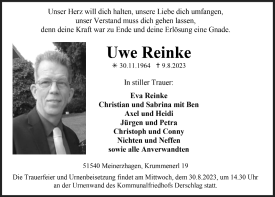 Anzeige von Uwe Reinke von  Anzeigen Echo 