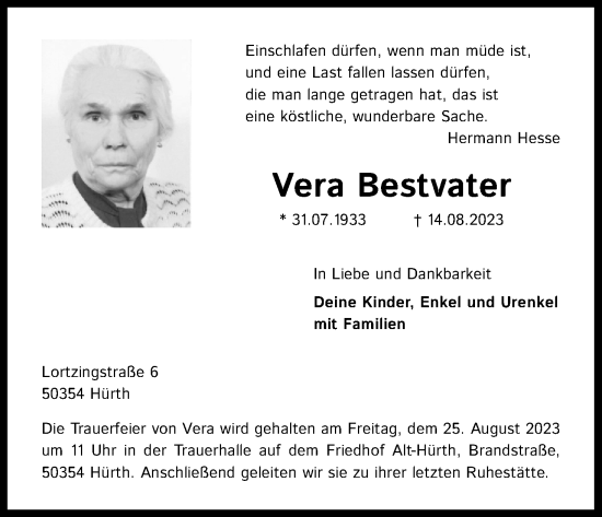 Anzeige von Vera Bestvater von Kölner Stadt-Anzeiger / Kölnische Rundschau / Express