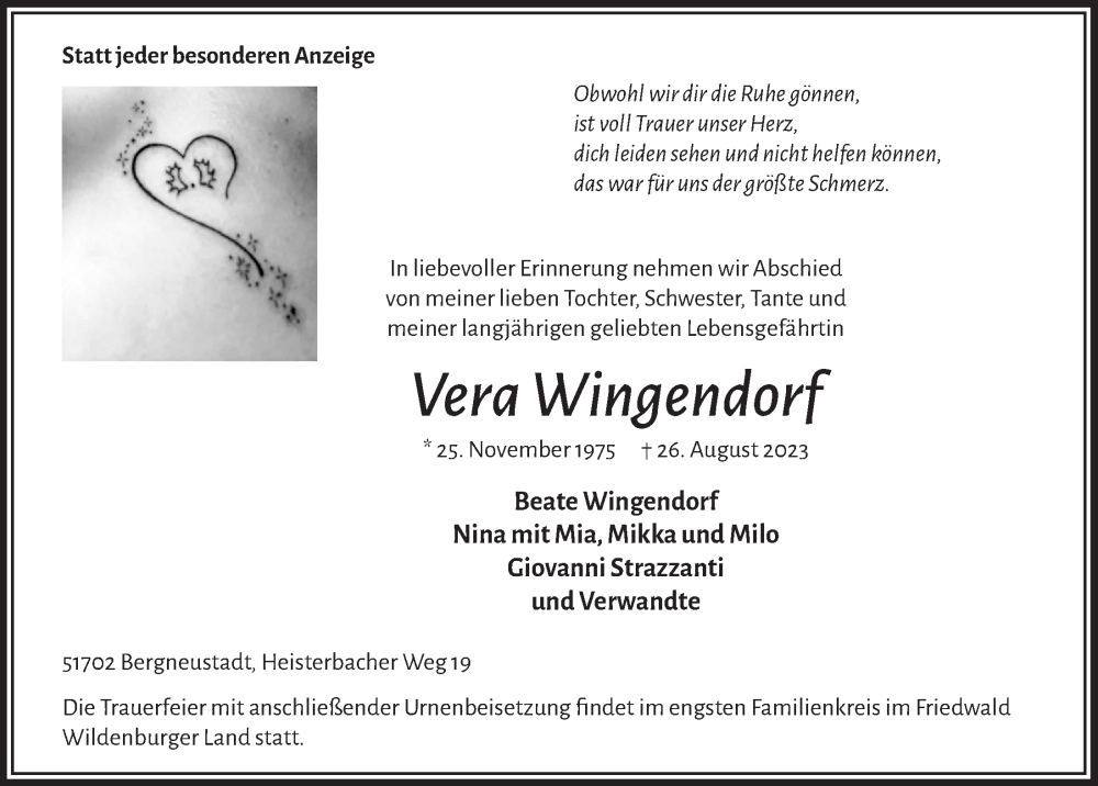  Traueranzeige für Vera Wingendorf vom 01.09.2023 aus  Anzeigen Echo 