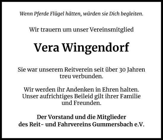 Anzeige von Vera Wingendorf von Kölner Stadt-Anzeiger / Kölnische Rundschau / Express