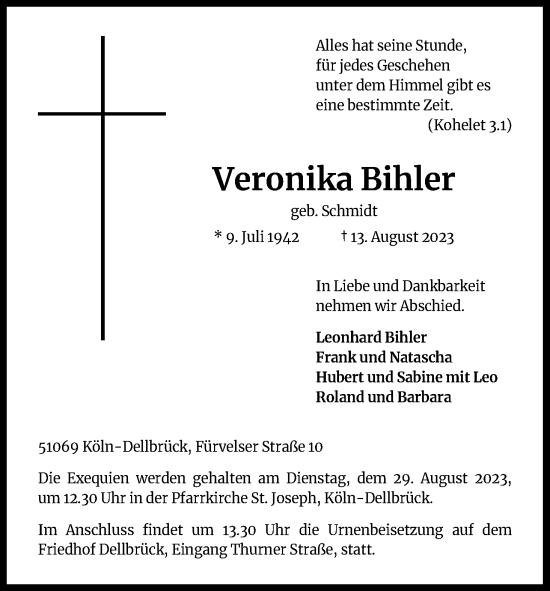Anzeige von Veronika Bihler von Kölner Stadt-Anzeiger / Kölnische Rundschau / Express