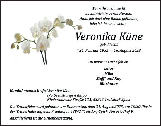 Anzeige von Veronika Küne von Kölner Stadt-Anzeiger / Kölnische Rundschau / Express