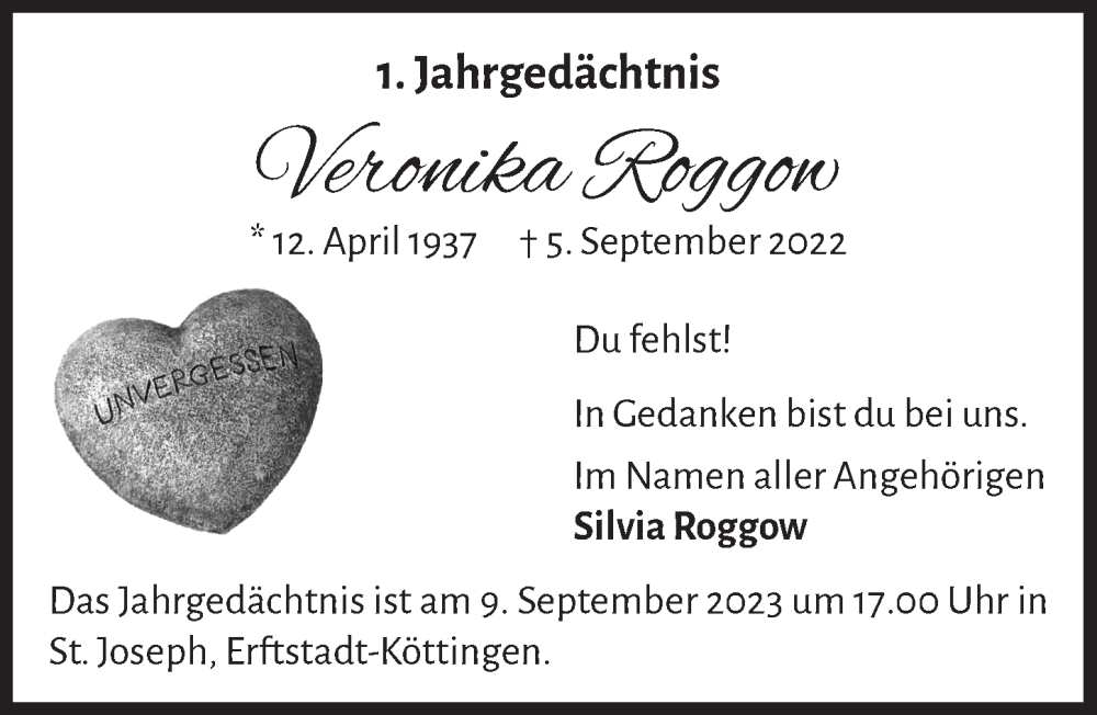  Traueranzeige für Veronika Roggow vom 18.07.2023 aus  Werbepost 