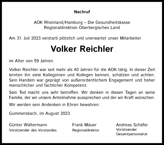 Anzeige von Volker Reichler von Kölner Stadt-Anzeiger / Kölnische Rundschau / Express