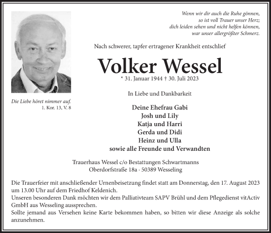 Anzeige von Volker Wessel von  Schlossbote/Werbekurier 