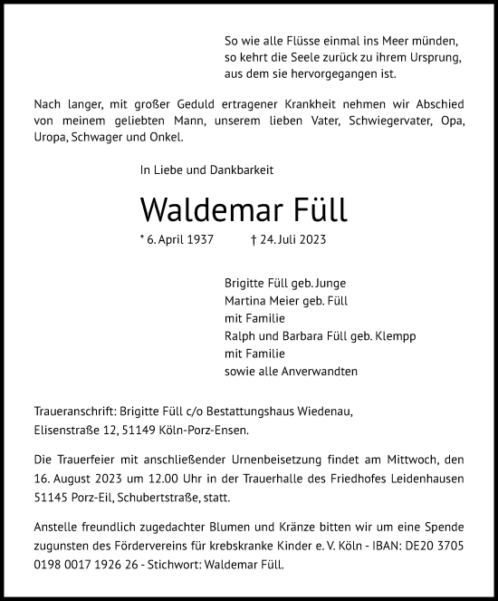 Anzeige von Waldemar Füll von Kölner Stadt-Anzeiger / Kölnische Rundschau / Express