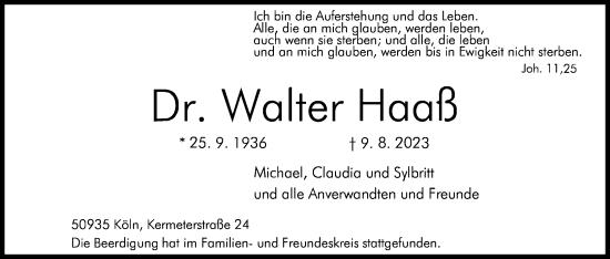 Anzeige von Walter Haaß von Kölner Stadt-Anzeiger / Kölnische Rundschau / Express