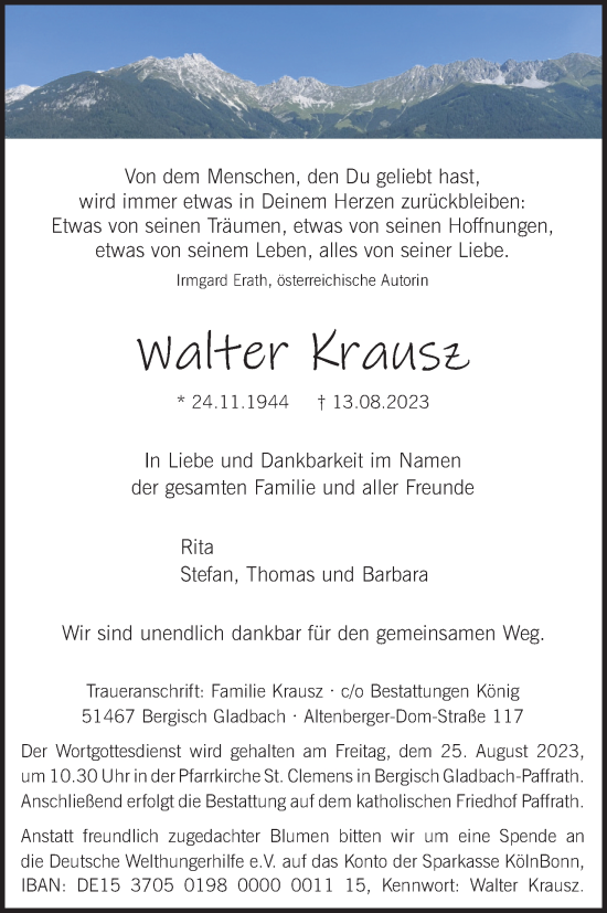Anzeige von Walter Krausz von Kölner Stadt-Anzeiger / Kölnische Rundschau / Express