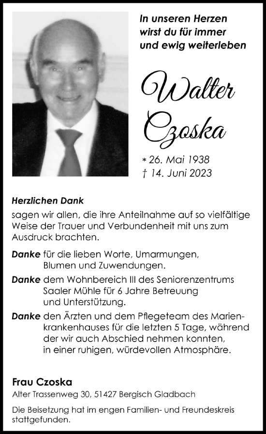 Anzeige von Walter Ozoska von  Bergisches Handelsblatt 