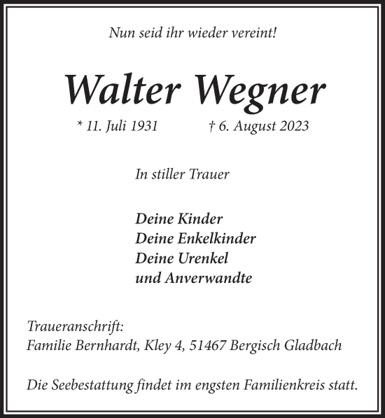 Anzeige von Walter Wegner von  Bergisches Handelsblatt 