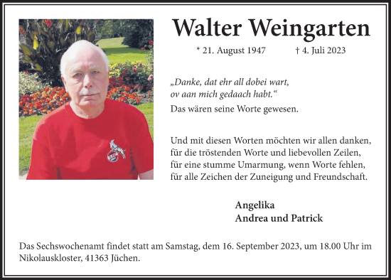 Anzeige von Walter Weingarten von  Wochenende  Werbepost 