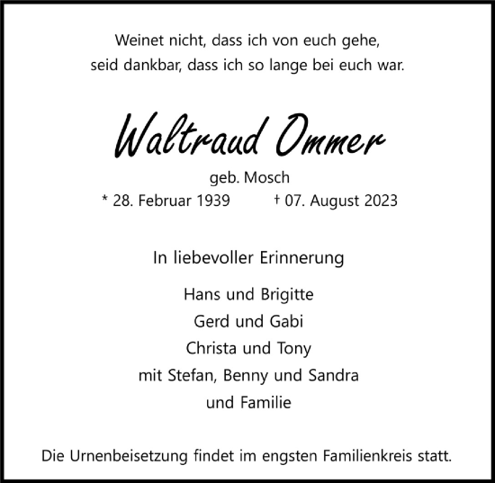 Anzeige von Waltraud Ommer von  Bergisches Handelsblatt 