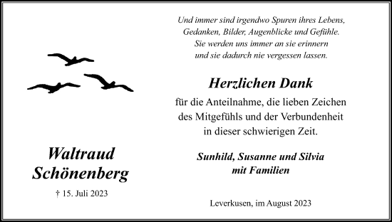 Anzeige von Waltraud Schönenberg von Kölner Stadt-Anzeiger / Kölnische Rundschau / Express