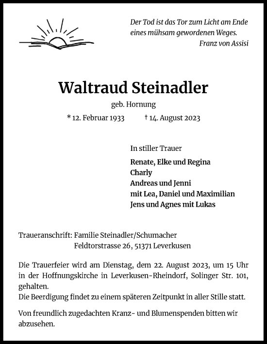 Anzeige von Waltraud Steinadler von Kölner Stadt-Anzeiger / Kölnische Rundschau / Express