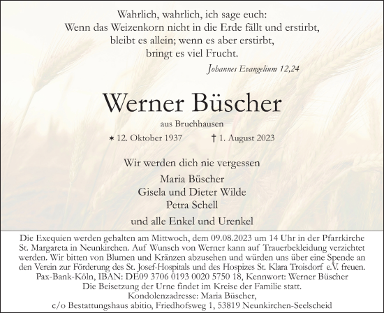 Anzeige von Werner Büscher von Kölner Stadt-Anzeiger / Kölnische Rundschau / Express