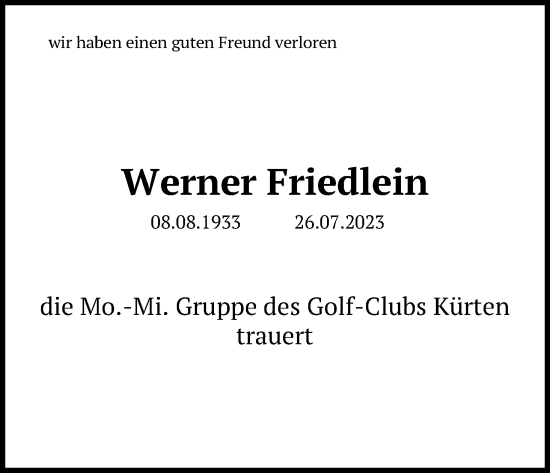 Anzeige von Werner Friedlein von Kölner Stadt-Anzeiger / Kölnische Rundschau / Express