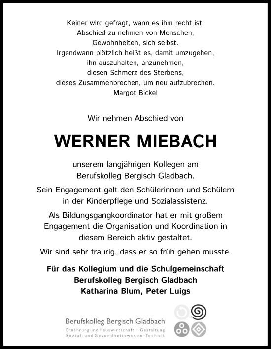 Anzeige von Werner Miebach von Kölner Stadt-Anzeiger / Kölnische Rundschau / Express