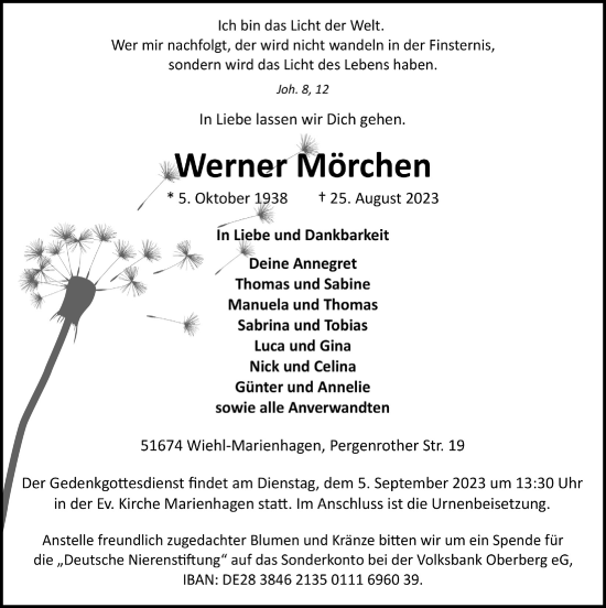 Anzeige von Werner Mörchen von  Anzeigen Echo 