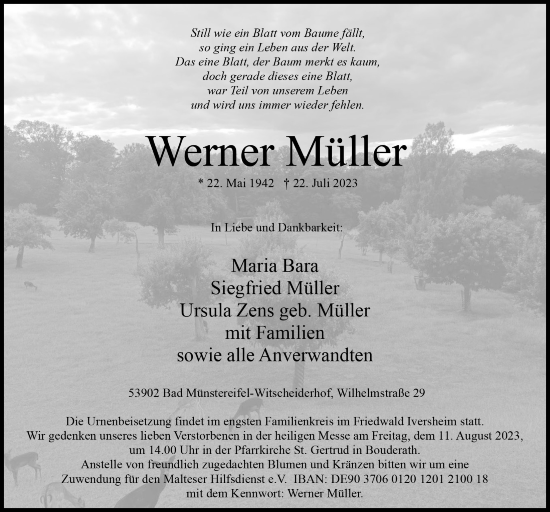 Anzeige von Werner Müller von  Blickpunkt Euskirchen 