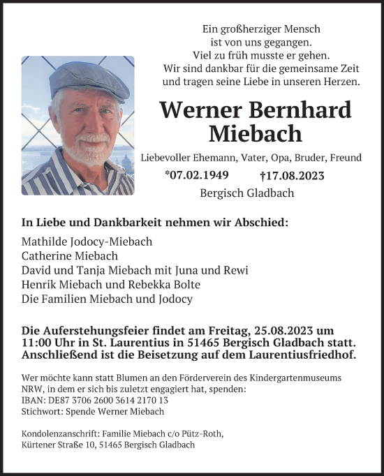 Anzeige von Werner Bernhard Miebach von Kölner Stadt-Anzeiger / Kölnische Rundschau / Express