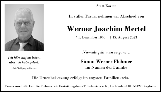 Anzeige von Werner Joachim Mertel von  Werbepost 