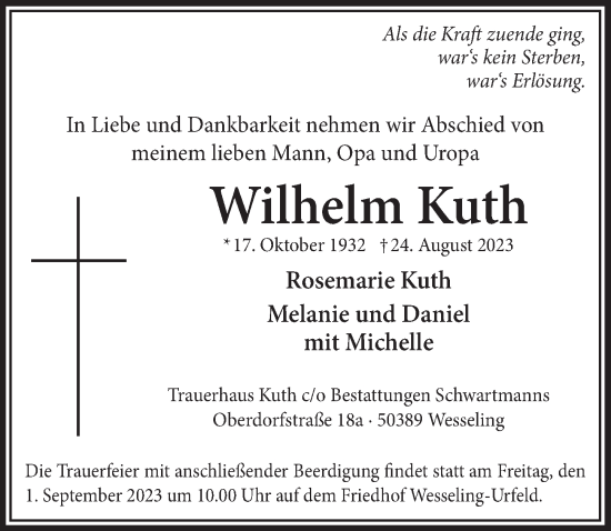 Anzeige von Wilhelm Kuth von  Schlossbote/Werbekurier 