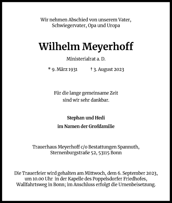 Anzeige von Wilhelm Meyerhoff von Kölner Stadt-Anzeiger / Kölnische Rundschau / Express