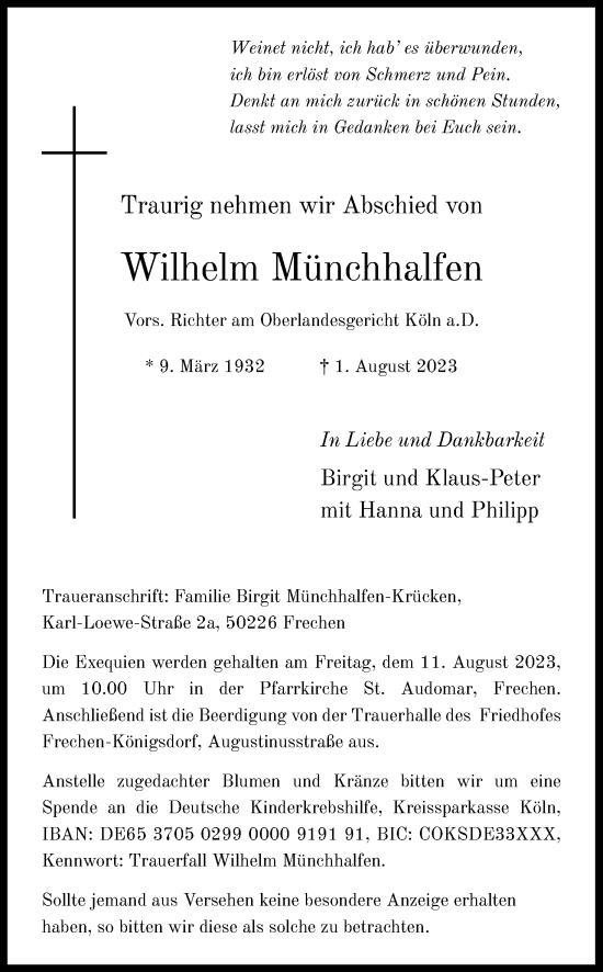 Anzeige von Wilhelm Münchhalfen von Kölner Stadt-Anzeiger / Kölnische Rundschau / Express