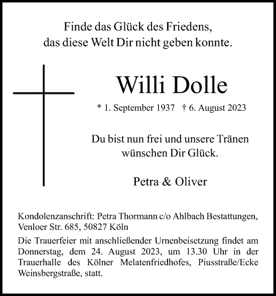 Anzeige von Willi Dolle von Kölner Stadt-Anzeiger / Kölnische Rundschau / Express