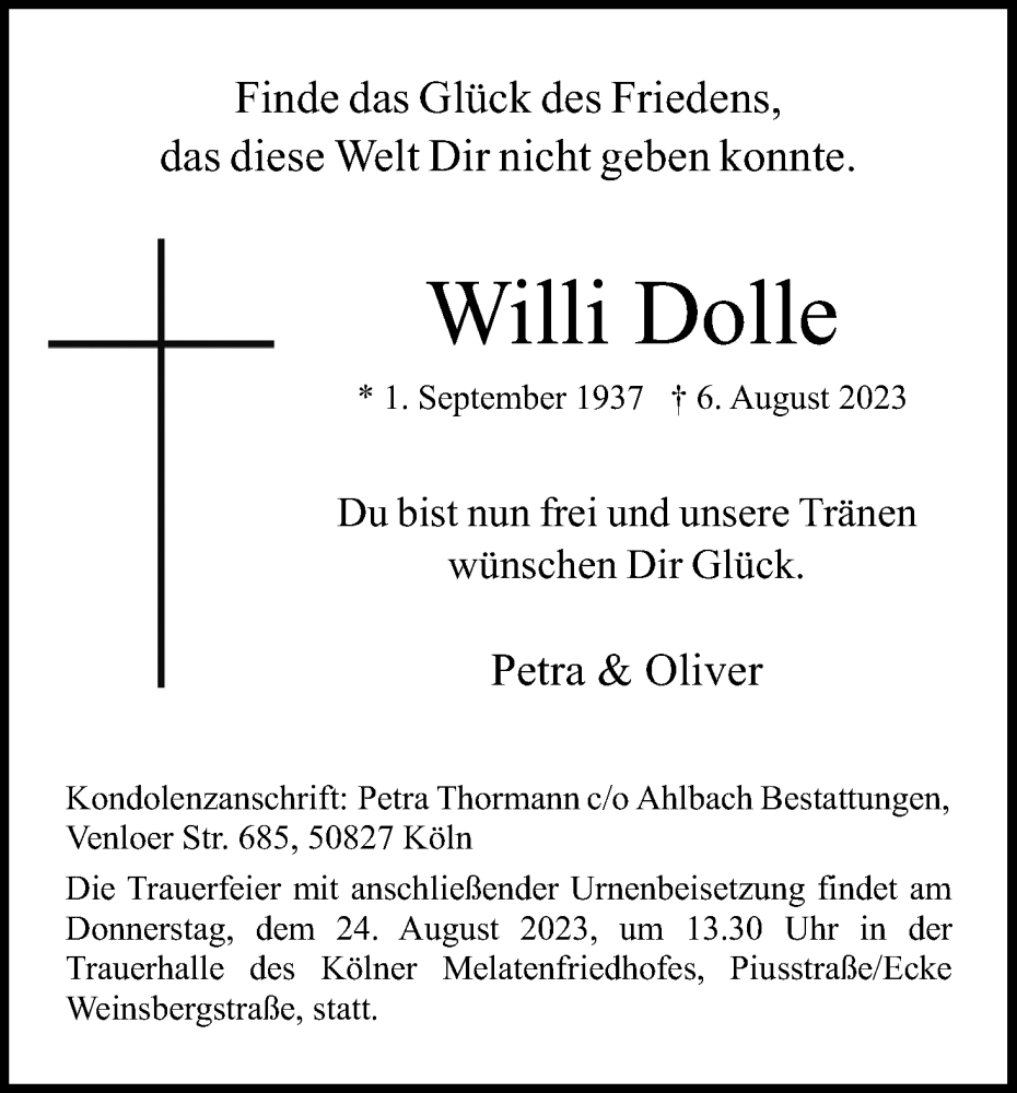  Traueranzeige für Willi Dolle vom 19.08.2023 aus Kölner Stadt-Anzeiger / Kölnische Rundschau / Express