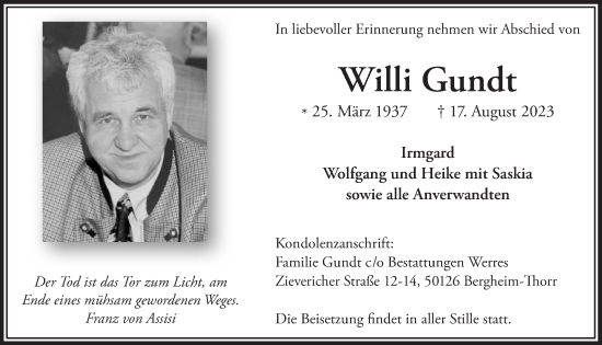 Anzeige von Willi Gundt von  Werbepost 