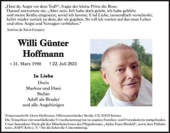 Anzeige von Willi Günter Hoffmann von Kölner Stadt-Anzeiger / Kölnische Rundschau / Express