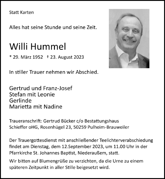 Anzeige von Willi Hummel von  Werbepost 